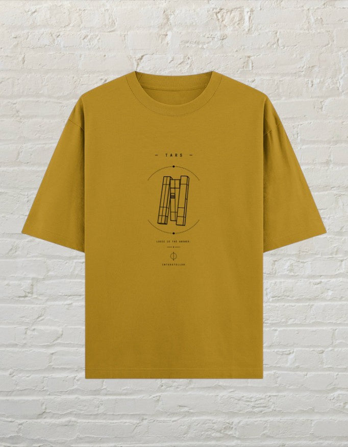 CoreTeez mustard yellow unisex oversized cotton t-shirt featuring a black sci-fi graphic print on the chest