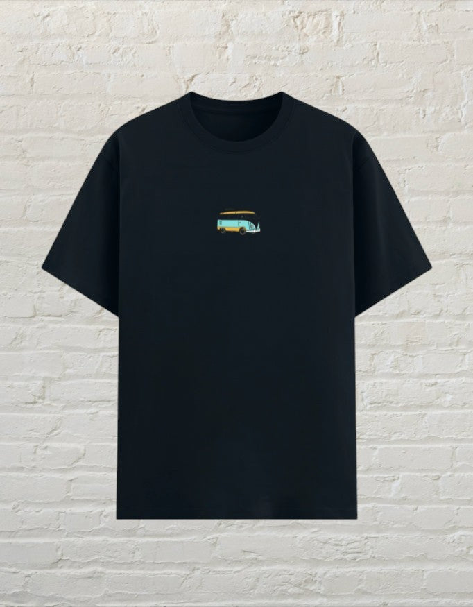 CoreTeez unisex navy blue poly-cotton t-shirt featuring a small retro camper van graphic on the chest