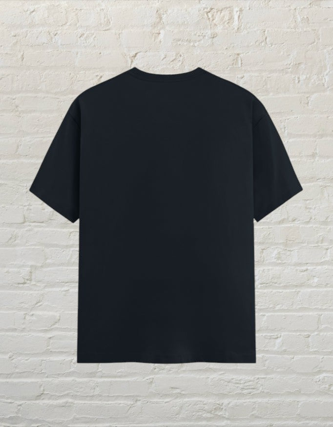 CoreTeez unisex navy blue cotton crew neck t-shirt, back view against 