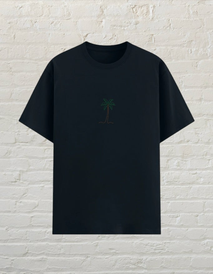 CoreTeez navy blue unisex poly-cotton t-shirt featuring a minimalist palm tree graphic on the chest