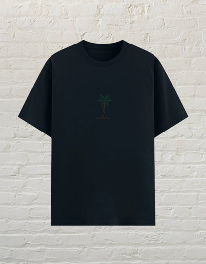 CoreTeez navy blue unisex poly-cotton t-shirt featuring a minimalist palm tree graphic on the chest