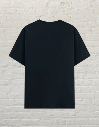 Back view of a plain navy blue CoreTeez unisex poly-cotton t-shirt.
