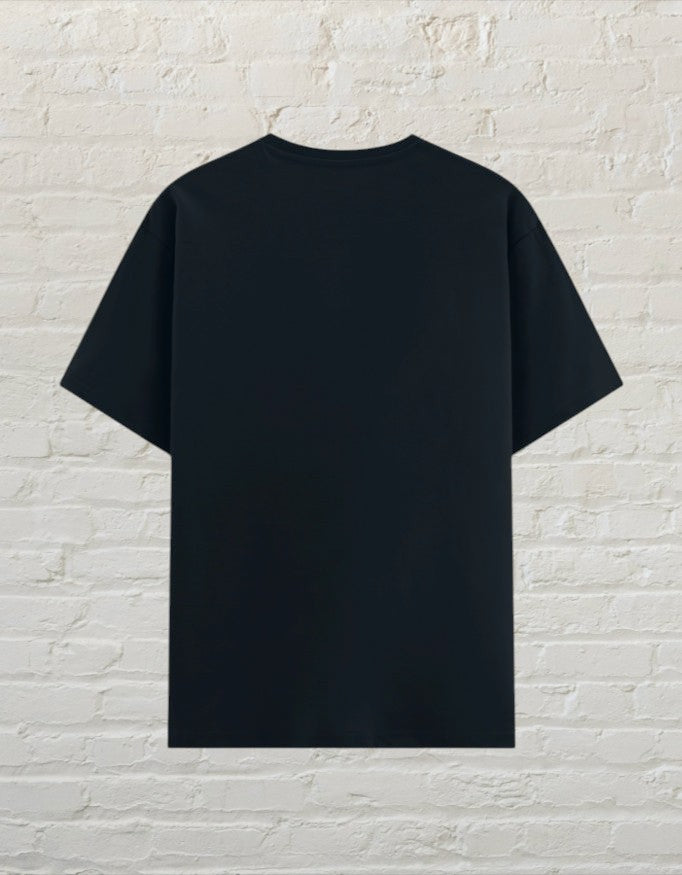 Back view of a plain navy blue CoreTeez unisex poly-cotton crew neck t-shirt