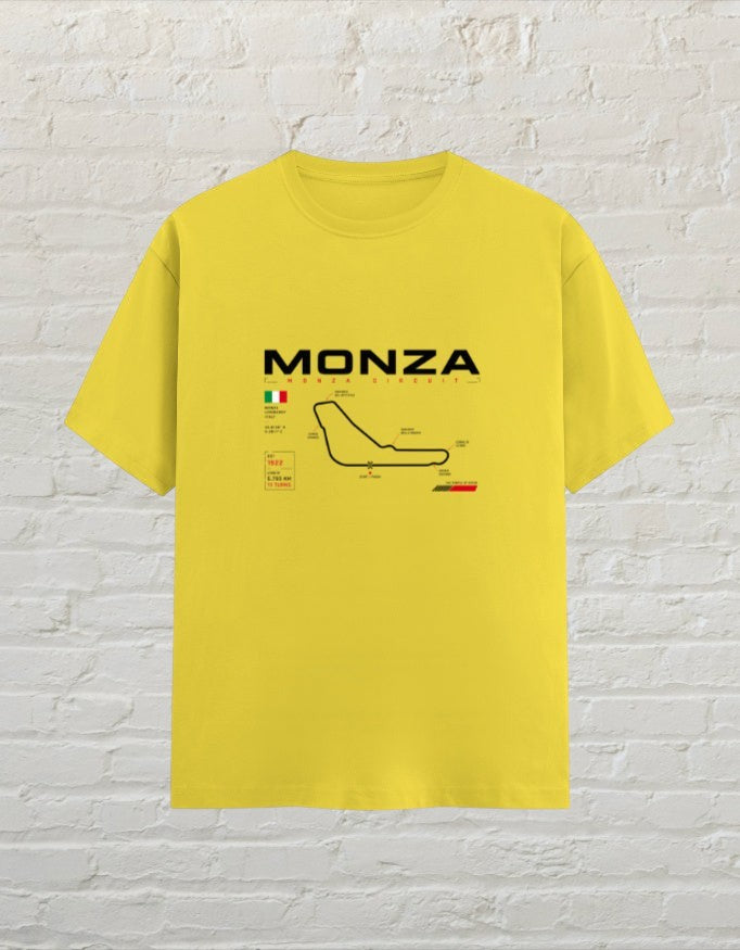 CoreTeez new yellow unisex cotton t-shirt featuring a Monza circuit racing graphic print on the front