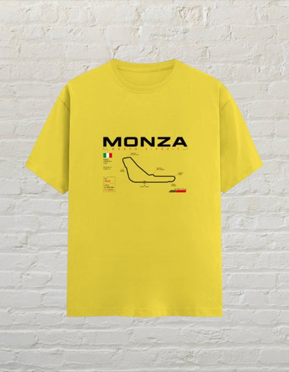 CoreTeez new yellow unisex cotton t-shirt featuring a Monza circuit racing graphic print on the front