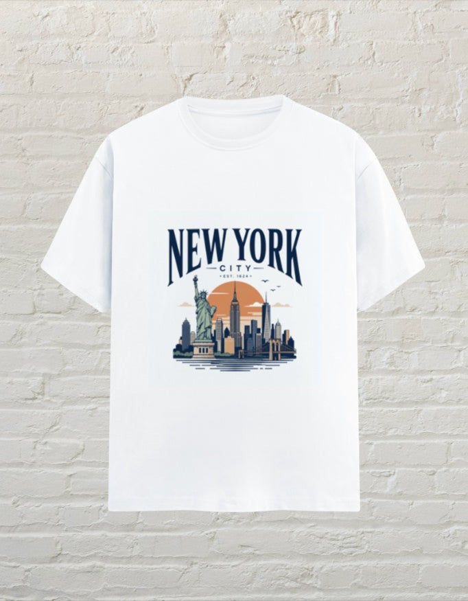 CoreTeez white unisex cotton crew neck t-shirt featuring a graphic print of the New York City skyline and sunset.