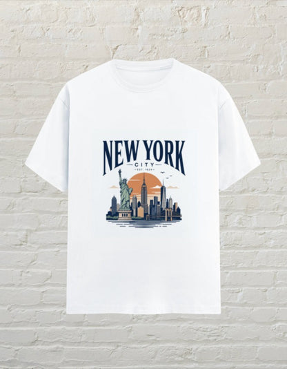 CoreTeez white unisex cotton crew neck t-shirt featuring a graphic print of the New York City skyline and sunset.