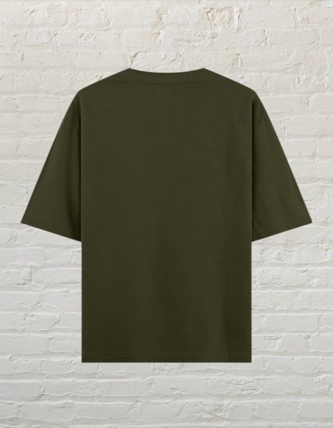 Back view of a plain olive green CoreTeez unisex oversized cotton t-shirt 