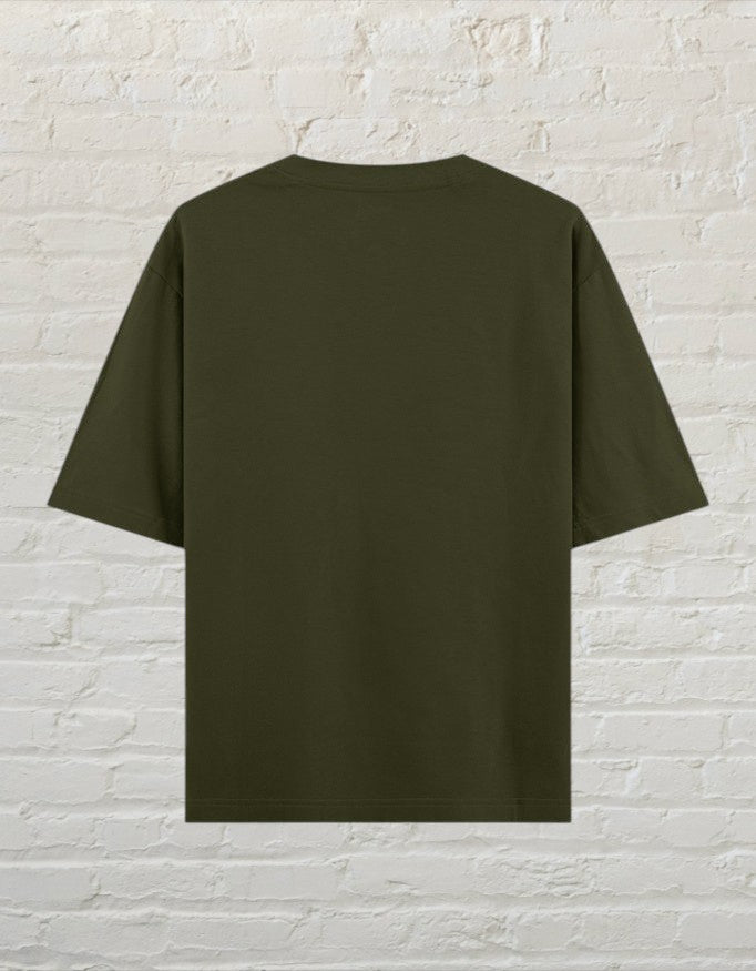 Back view of a plain olive green CoreTeez unisex oversized cotton t-shirt 