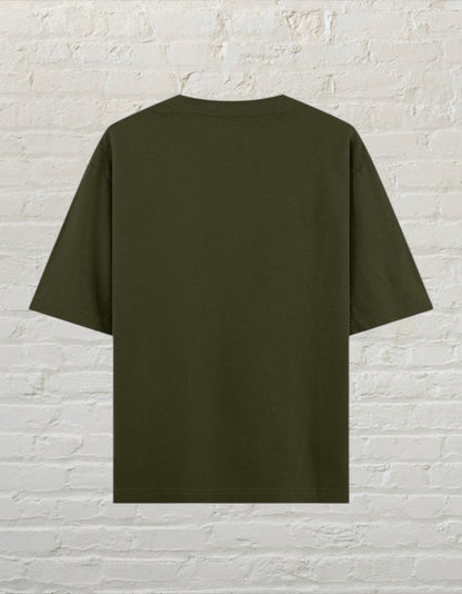 Back view of a plain olive green CoreTeez unisex oversized cotton t-shirt 