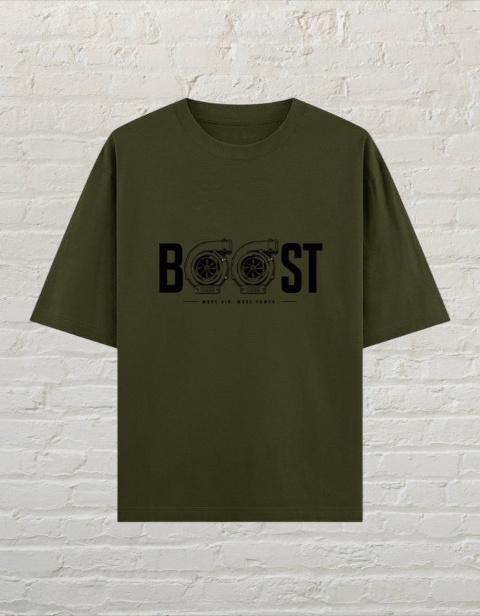 CoreTeez olive green oversized cotton t-shirt featuring a twin-turbo graphic print with Boost text