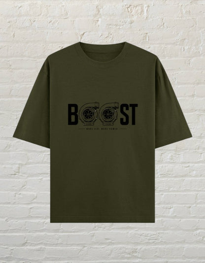CoreTeez olive green oversized cotton t-shirt featuring a twin-turbo graphic print with Boost text