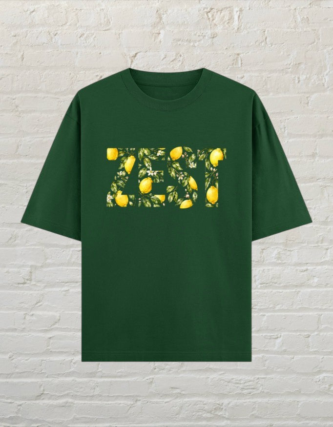 CoreTeez oversized bottle green unisex t-shirt featuring a ZEST graphic print with lemon and leaf illustrations