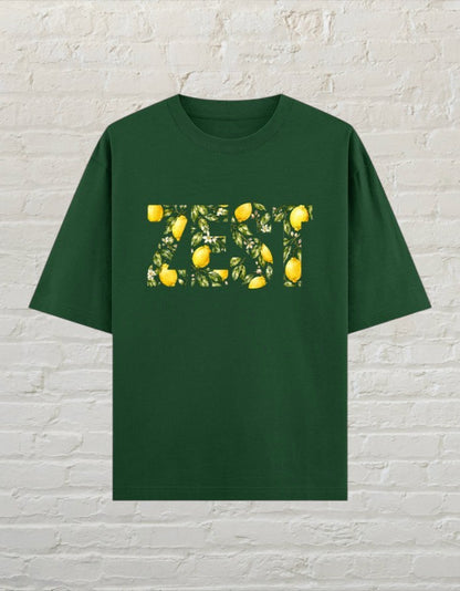 CoreTeez oversized bottle green unisex t-shirt featuring a ZEST graphic print with lemon and leaf illustrations
