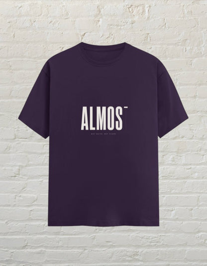 CoreTeez unisex purple 100% cotton crew neck graphic tee with minimalist ALMOST text print