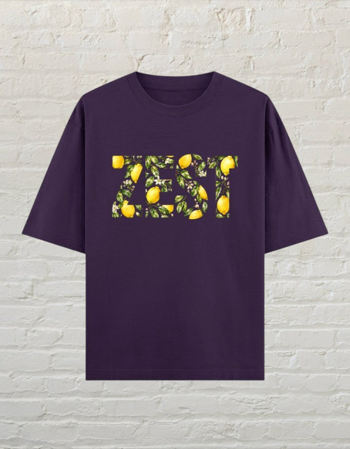 CoreTeez oversized purple unisex t-shirt featuring a ZEST graphic filled with lemons and leaves