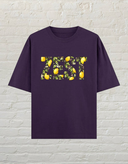 CoreTeez oversized purple unisex t-shirt featuring a ZEST graphic filled with lemons and leaves
