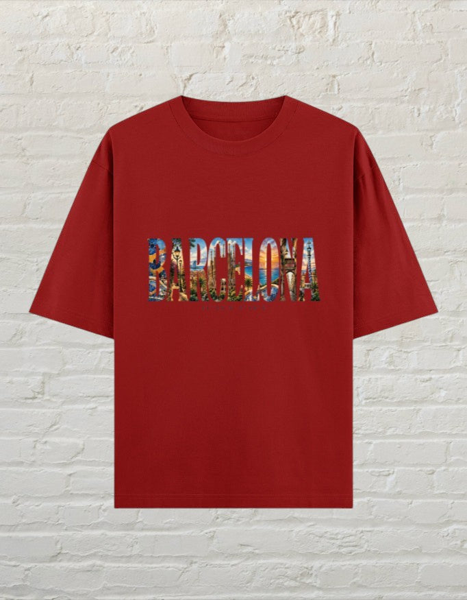CoreTeez unisex oversized red cotton t-shirt featuring a Barcelona city graphic print.