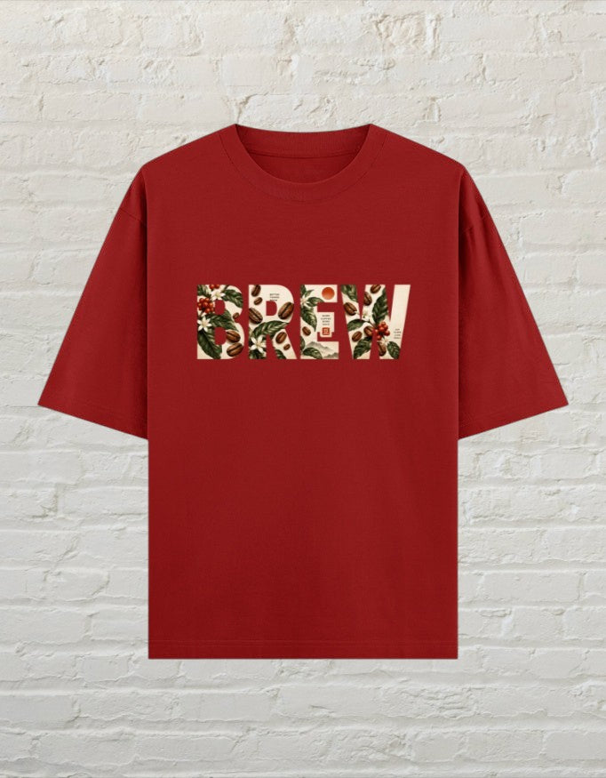 CoreTeez oversized red cotton t-shirt featuring a botanical coffee-themed graphic print on the front