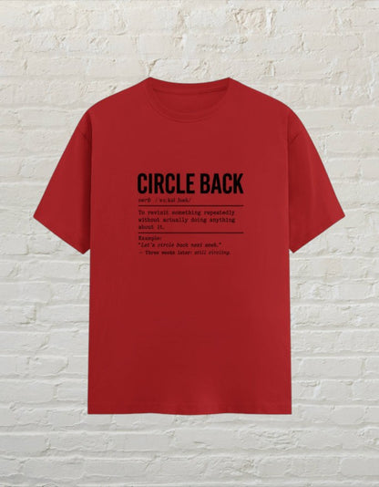 CoreTeez red unisex cotton t-shirt featuring a witty dictionary-style definition of the phrase circle back