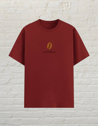 CoreTeez unisex red poly-cotton t-shirt featuring a central coffee bean graphic and Bean Different text