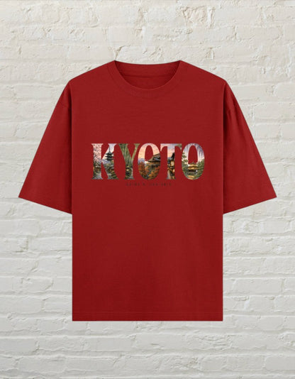 CoreTeez unisex oversized red cotton t-shirt featuring a graphic print of Kyoto landmarks inside the word KYOTO