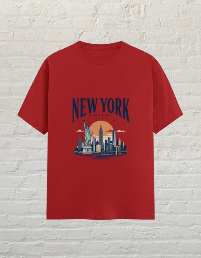 CoreTeez red unisex crew neck cotton t-shirt featuring a graphic print of the New York City skyline and Statue of Liberty