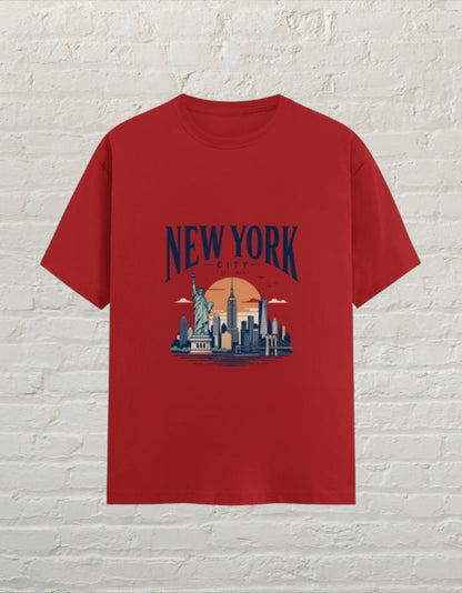 CoreTeez red unisex crew neck cotton t-shirt featuring a graphic print of the New York City skyline and Statue of Liberty