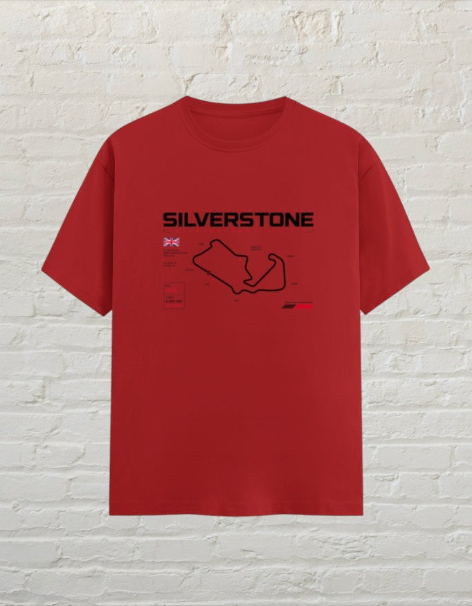 CoreTeez red unisex cotton t-shirt featuring a Silverstone racing circuit graphic print