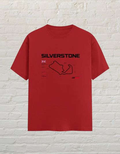 CoreTeez red unisex cotton t-shirt featuring a Silverstone racing circuit graphic print