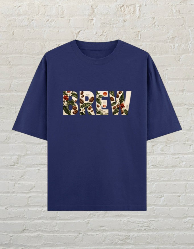 CoreTeez royal blue oversized cotton t-shirt featuring a botanical coffee bean graphic print with the word BREW