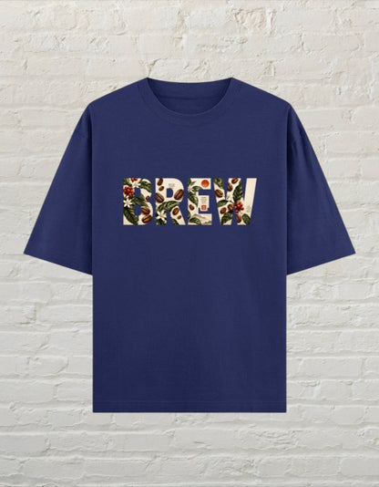 CoreTeez royal blue oversized cotton t-shirt featuring a botanical coffee bean graphic print with the word BREW