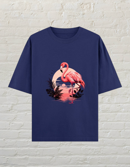 CoreTeez royal blue oversized cotton t-shirt featuring a flamingo graphic against a sunset and palm leaves.