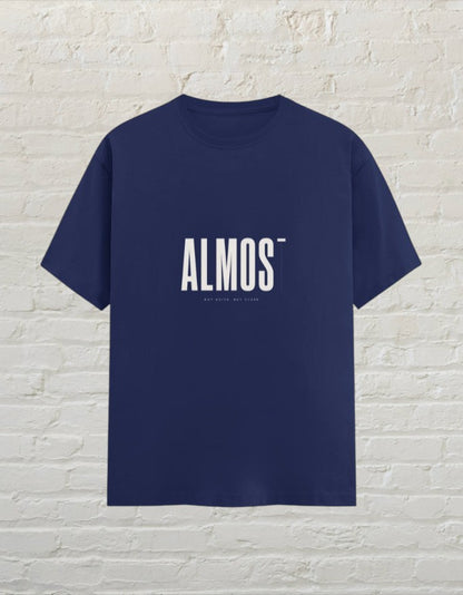 CoreTeez royal blue unisex crew neck graphic tee with minimalist ALMOST text print.