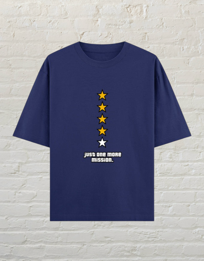 CoreTeez royal blue oversized cotton gaming t-shirt with a five-star graphic and Just One More Mission text.