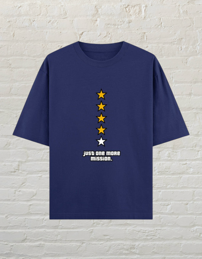 CoreTeez royal blue oversized cotton gaming t-shirt with a five-star graphic and Just One More Mission text.