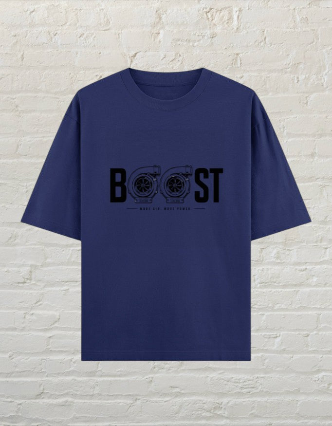 CoreTeez royal blue oversized cotton t-shirt featuring a twin-turbo graphic print with the word BOOST
