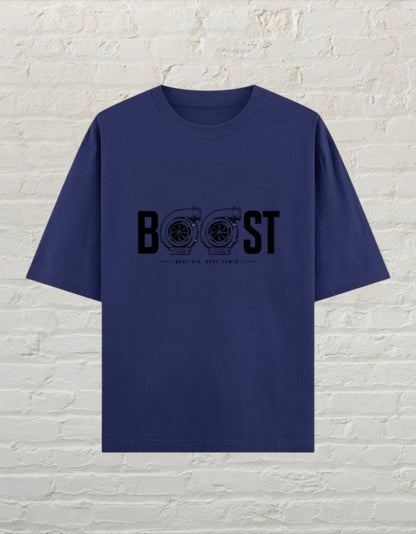 CoreTeez royal blue oversized cotton t-shirt featuring a twin-turbo graphic print with the word BOOST