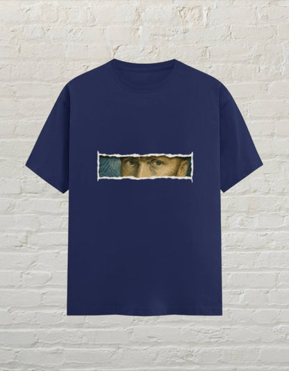 CoreTeez royal blue 100% cotton unisex t-shirt featuring a Van Gogh eye graphic in a torn paper effect design