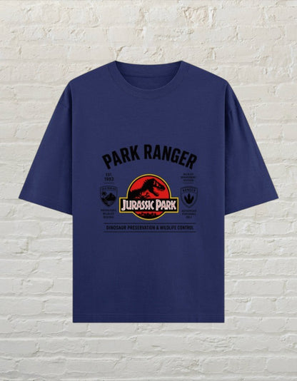 CoreTeez royal blue oversized cotton t-shirt featuring a Jurassic Park Park Ranger graphic print on the chest.