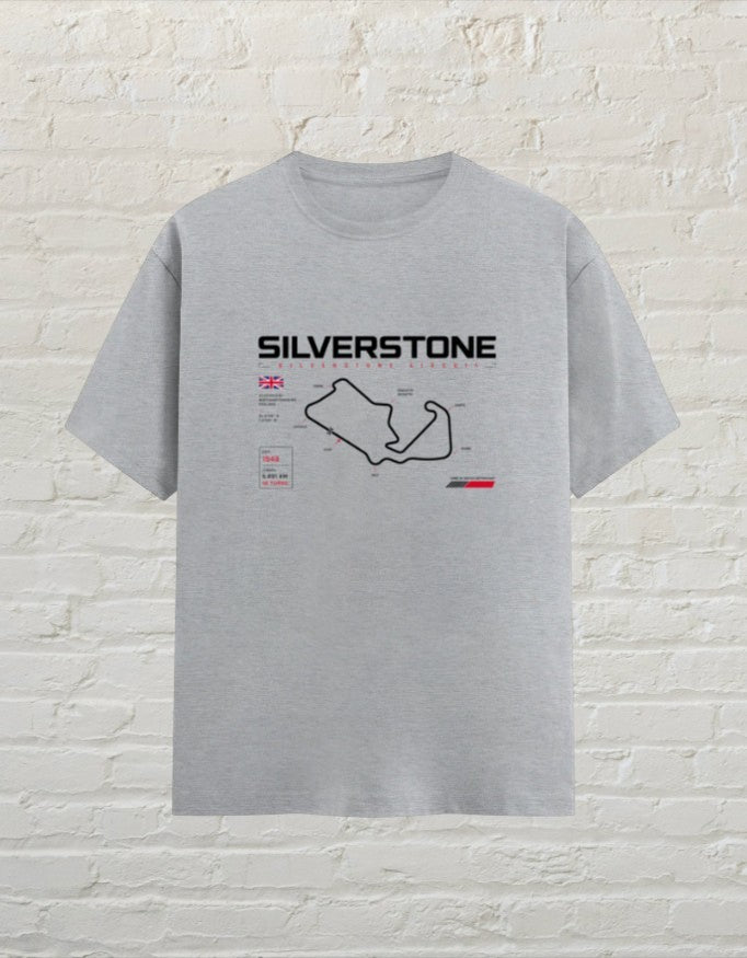 CoreTeez grey melange unisex cotton t-shirt featuring a Silverstone racing circuit graphic and UK flag