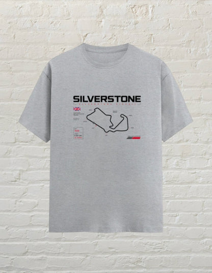 CoreTeez grey melange unisex cotton t-shirt featuring a Silverstone racing circuit graphic and UK flag