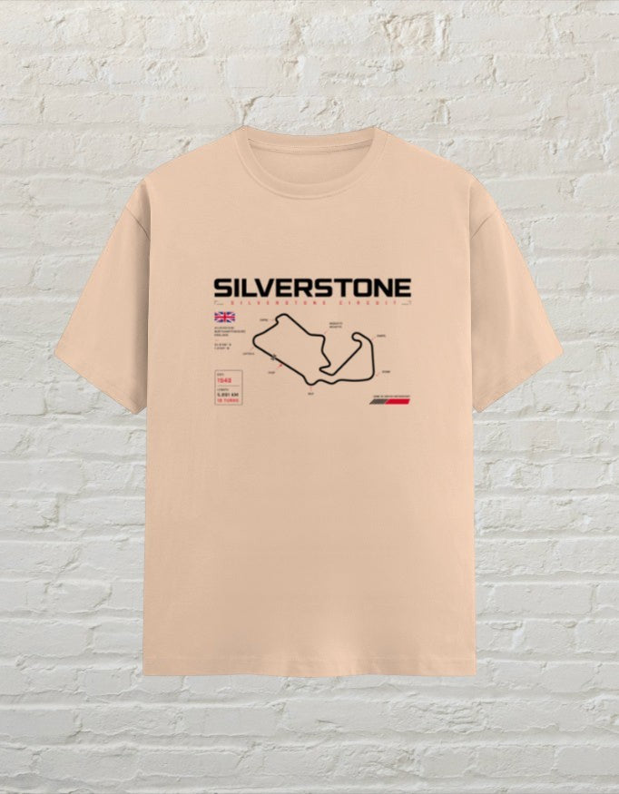 CoreTeez unisex peach cotton t-shirt featuring a Silverstone racing circuit graphic print.