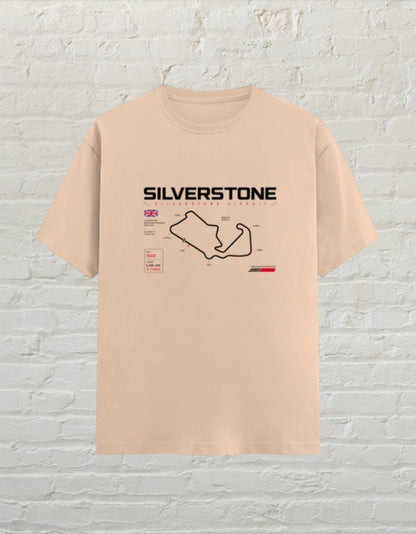CoreTeez unisex peach cotton t-shirt featuring a Silverstone racing circuit graphic print.