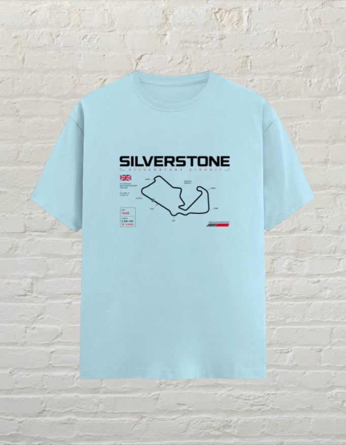 CoreTeez baby blue unisex cotton t-shirt featuring a Silverstone circuit graphic and motorsport details.
