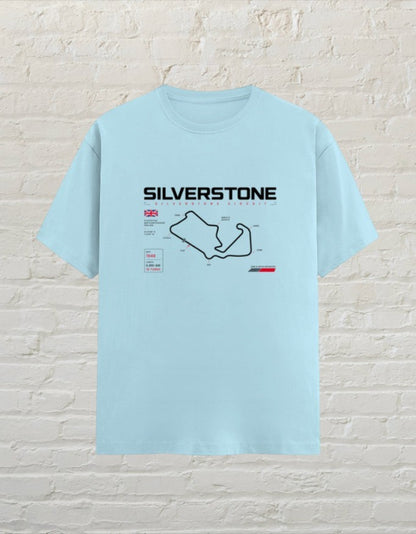 CoreTeez baby blue unisex cotton t-shirt featuring a Silverstone circuit graphic and motorsport details.