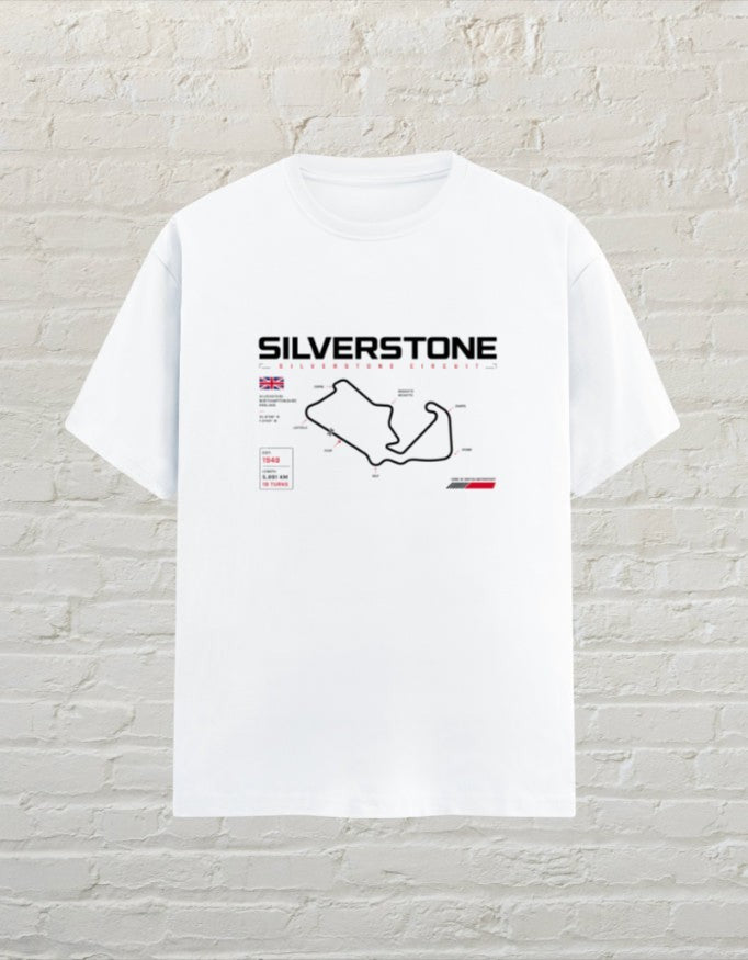 CoreTeez white unisex cotton t-shirt featuring a Silverstone racing circuit graphic print