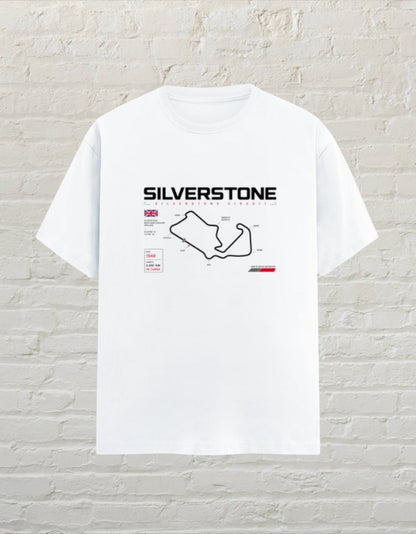 CoreTeez white unisex cotton t-shirt featuring a Silverstone racing circuit graphic print