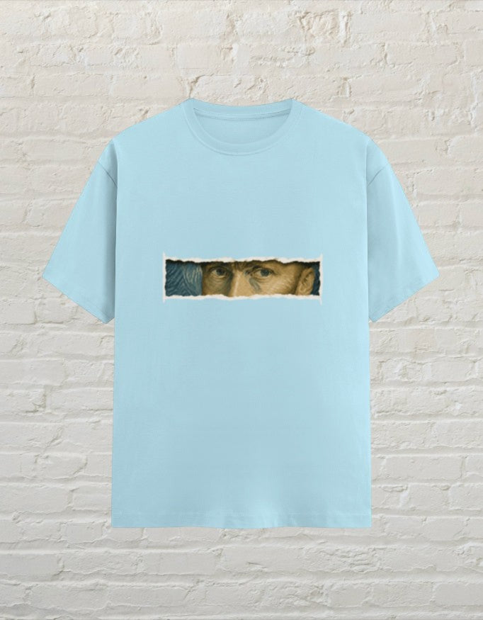 CoreTeez baby blue unisex cotton t-shirt featuring a Van Gogh eye graphic print in a torn paper style