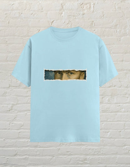 CoreTeez baby blue unisex cotton t-shirt featuring a Van Gogh eye graphic print in a torn paper style